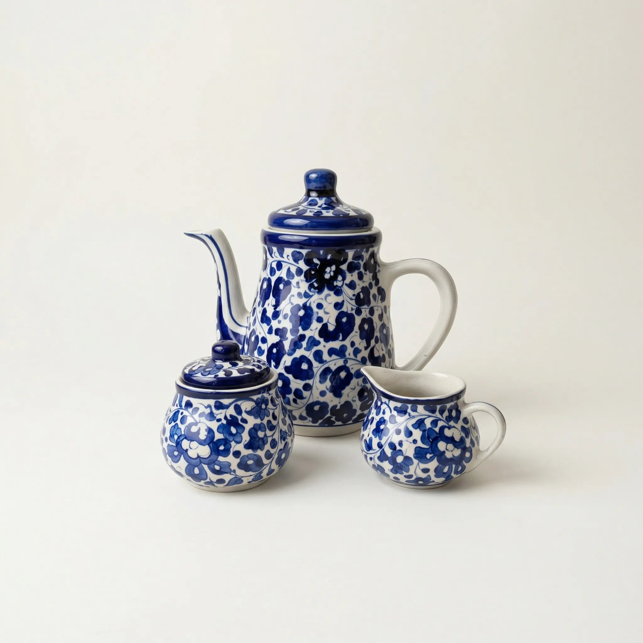 15-Piece Hand-Painted Ceramic Tea Set - Traditional Blue Pottery design