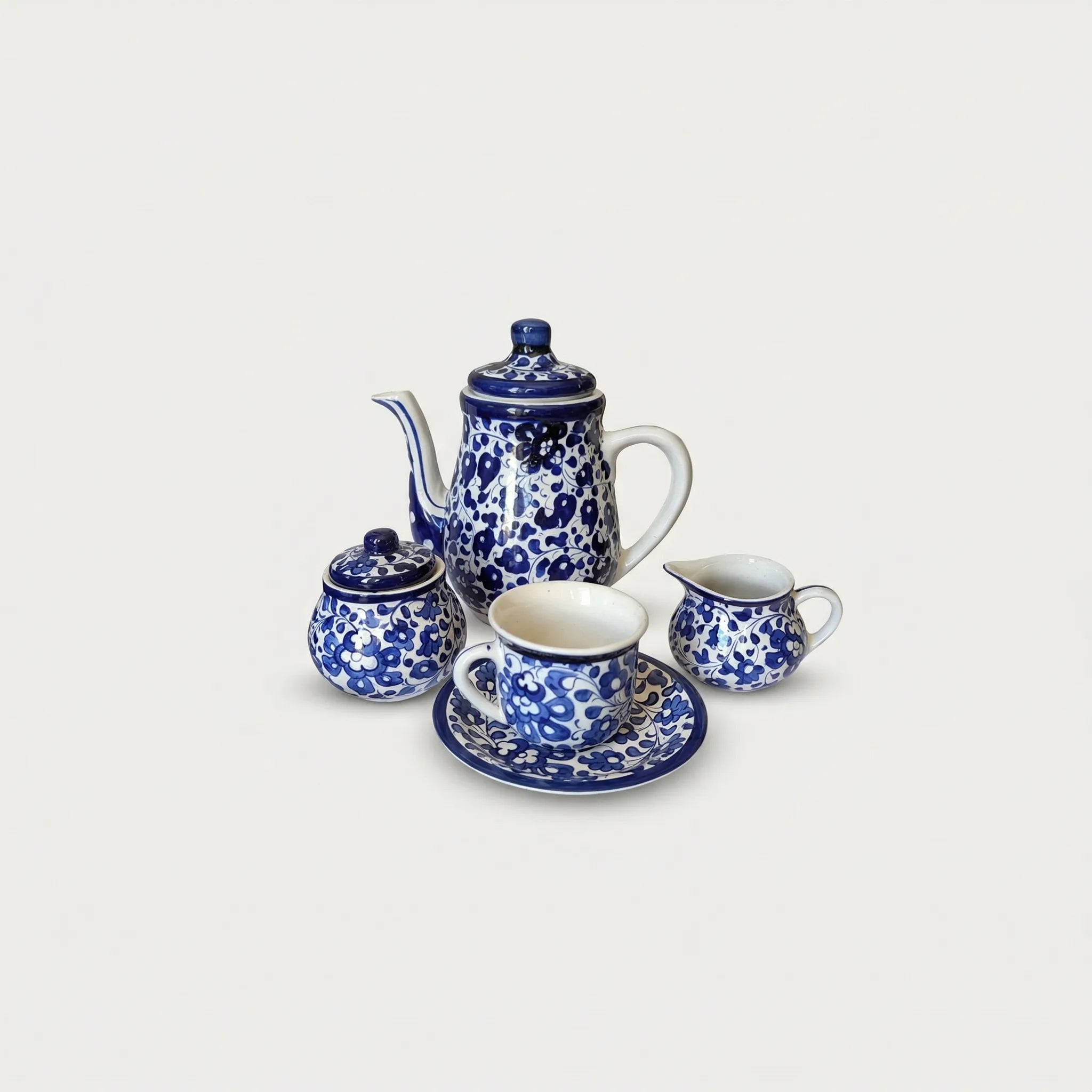 15-Piece Hand-Painted Ceramic Tea Set - Traditional Blue Pottery design
