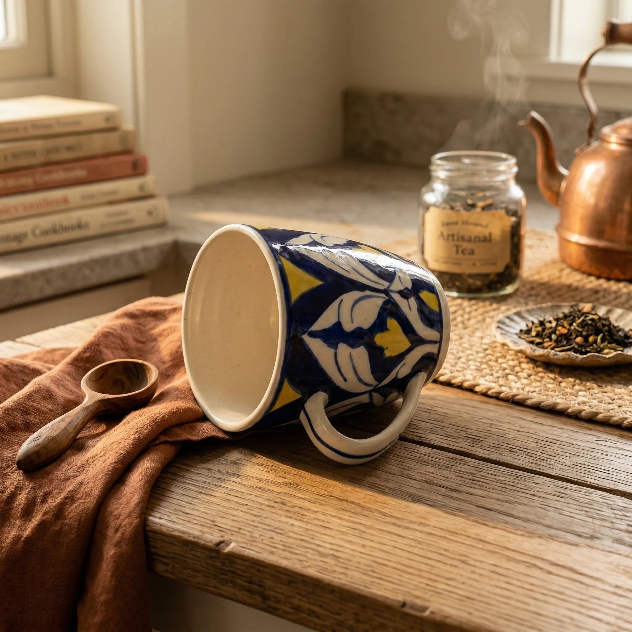 Multicolor Blue Pottery Mug – 300ml Hand-Painted Ceramic Tea & Coffee Mug with Yellow Accents