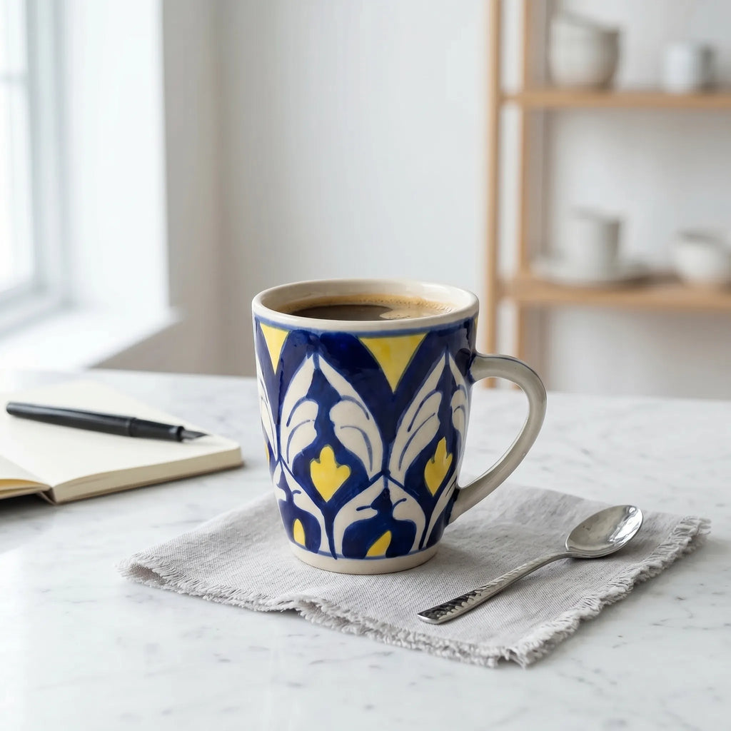 Multicolor Blue Pottery Mug – 300ml Hand-Painted Ceramic Tea & Coffee Mug with Yellow Accents
