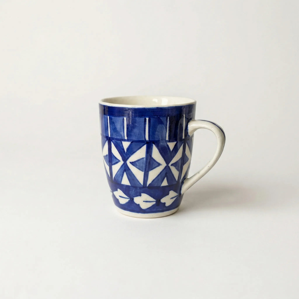 Geometric Blue Pottery Mug – 300ml Hand-Painted Ceramic Tea & Coffee Mug | Multani Pottery