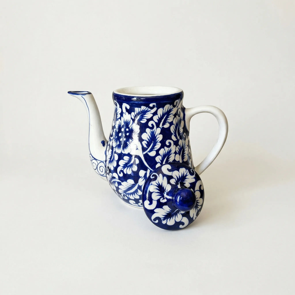 15-Piece Hand-Painted Ceramic Blue Pottery Tea Set - Traditional Floral Design