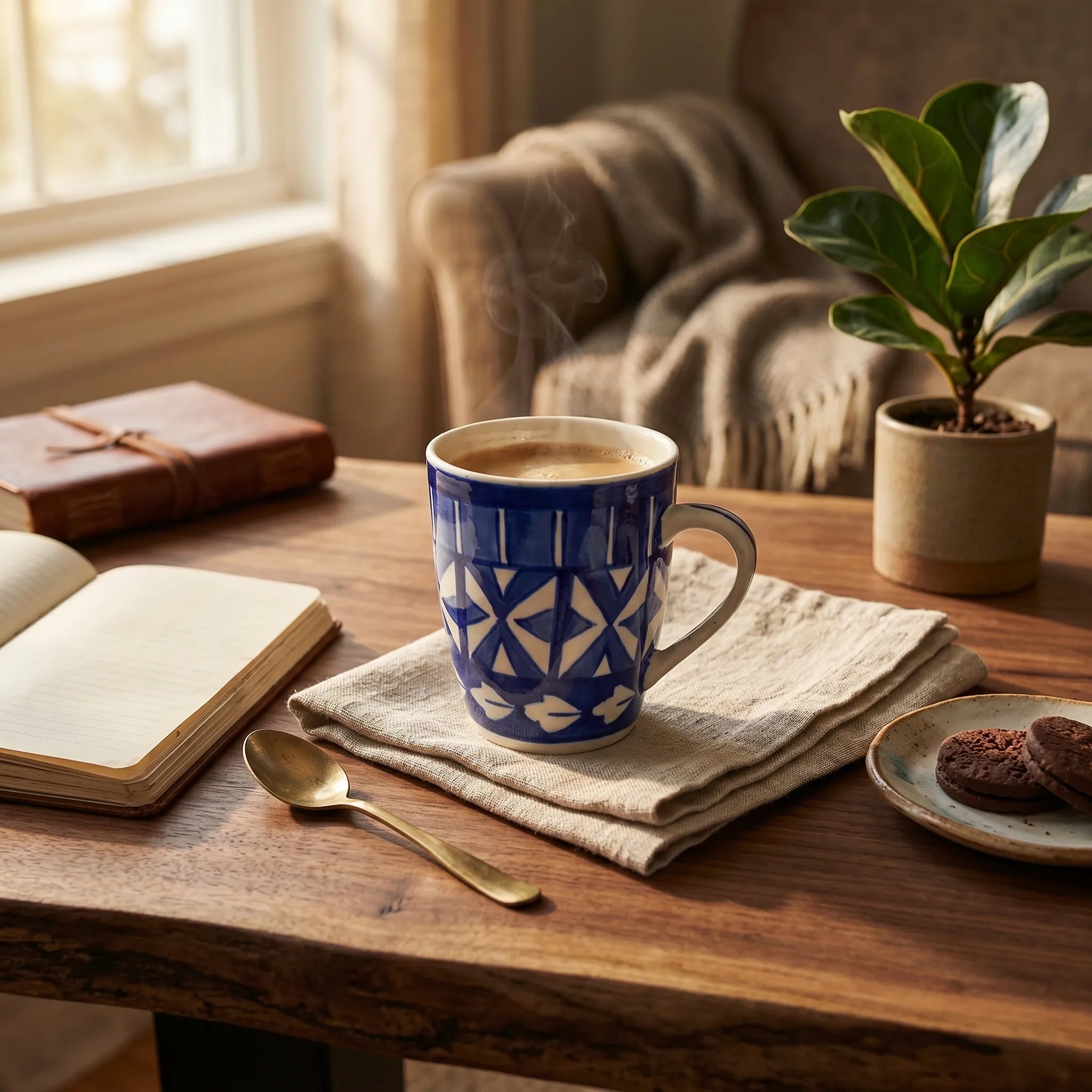 Geometric Blue Pottery Mug – 300ml Hand-Painted Ceramic Tea & Coffee Mug | Multani Pottery