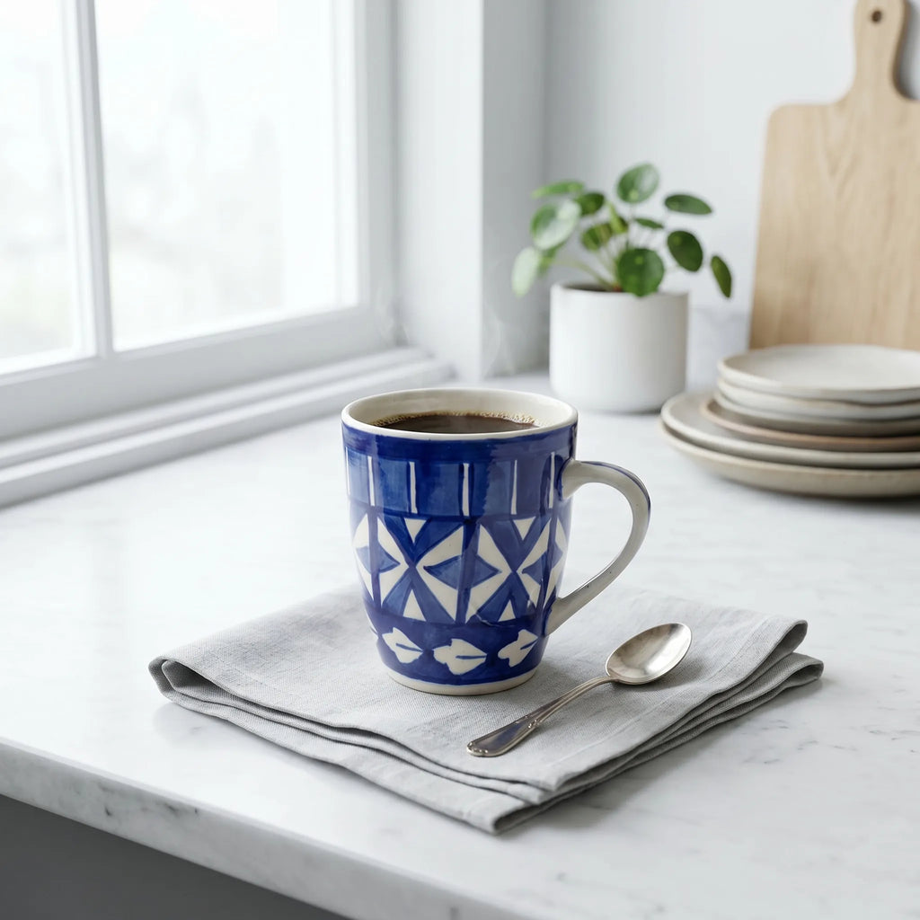 Geometric Blue Pottery Mug – 300ml Hand-Painted Ceramic Tea & Coffee Mug | Multani Pottery