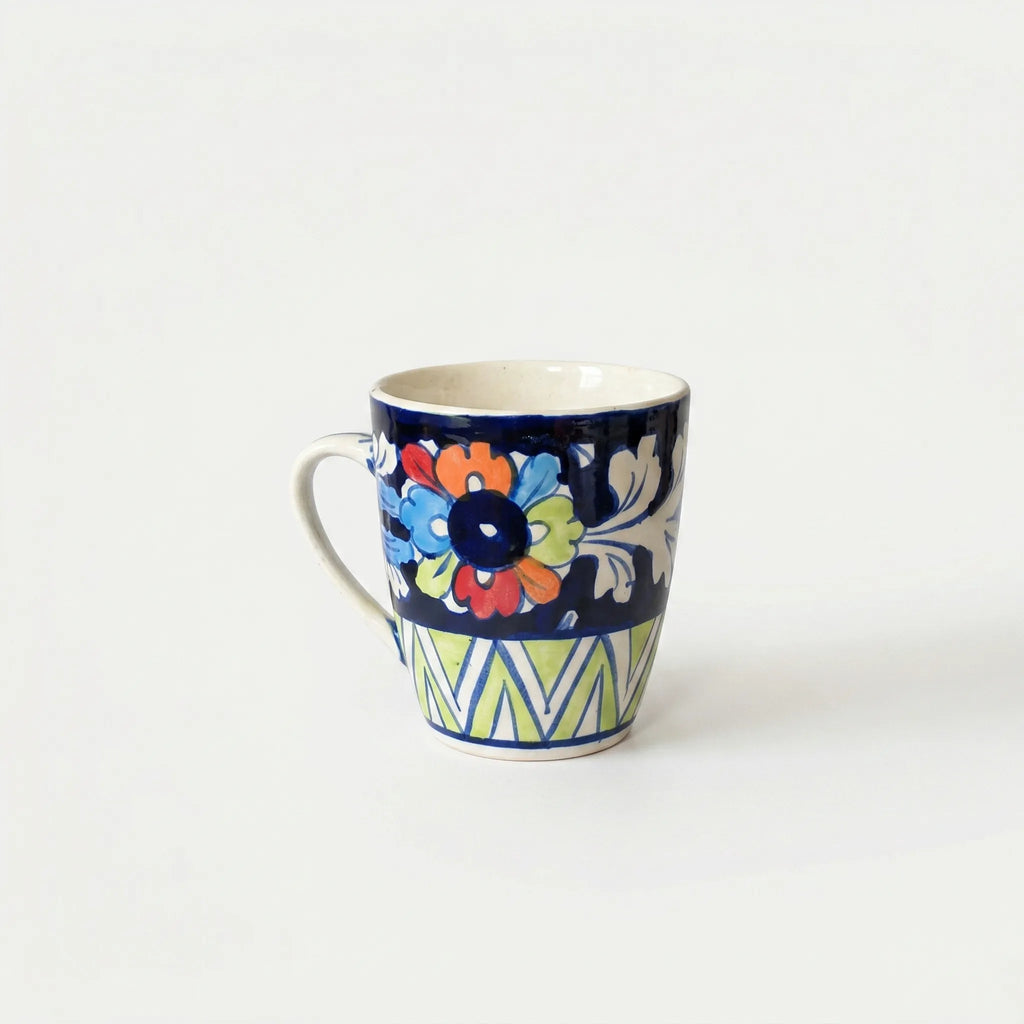 Multicolor Blue Pottery Mug – 300ml Hand-Painted Ceramic Tea & Coffee Mug | Vibrant Floral Design