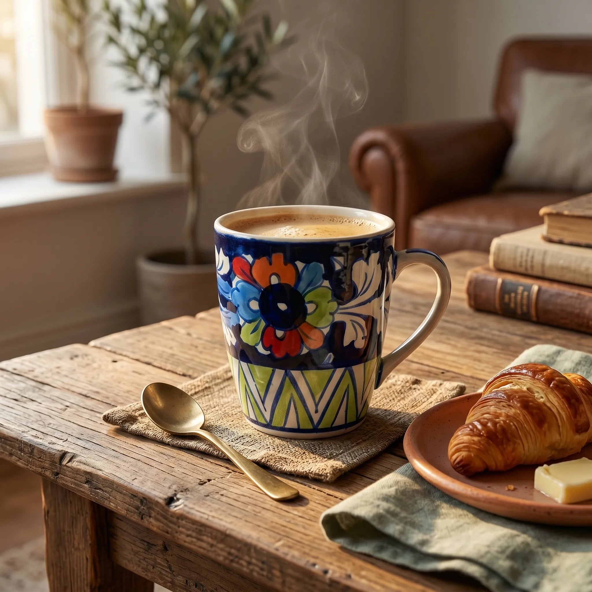 Multicolor Blue Pottery Mug – 300ml Hand-Painted Ceramic Tea & Coffee Mug | Vibrant Floral Design