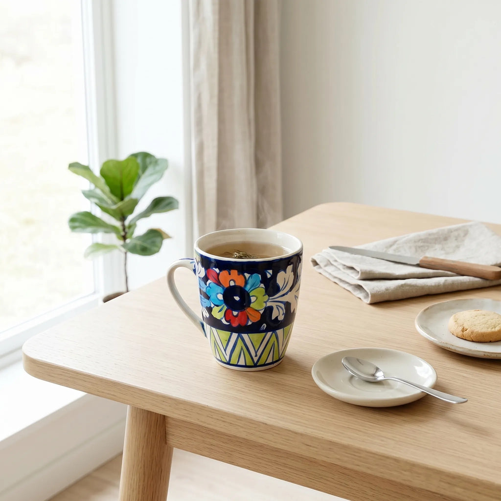 Multicolor Blue Pottery Mug – 300ml Hand-Painted Ceramic Tea & Coffee Mug | Vibrant Floral Design