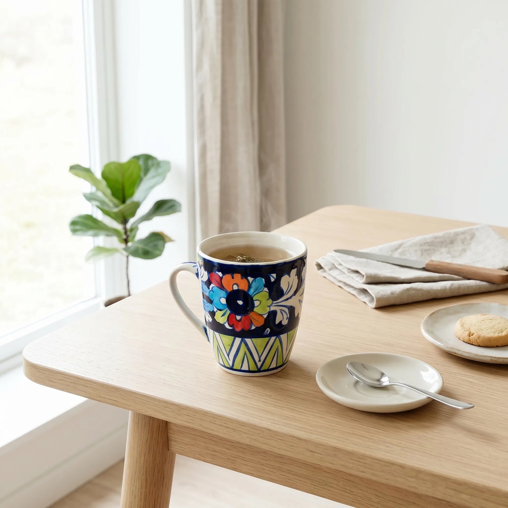 Multicolor Blue Pottery Mug – 300ml Hand-Painted Ceramic Tea & Coffee Mug | Vibrant Floral Design