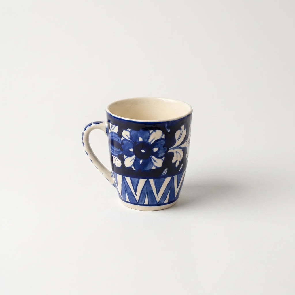 Blue Pottery Mug – 300ml Hand-Painted Ceramic Tea & Coffee Mug | Floral & Geometric Design