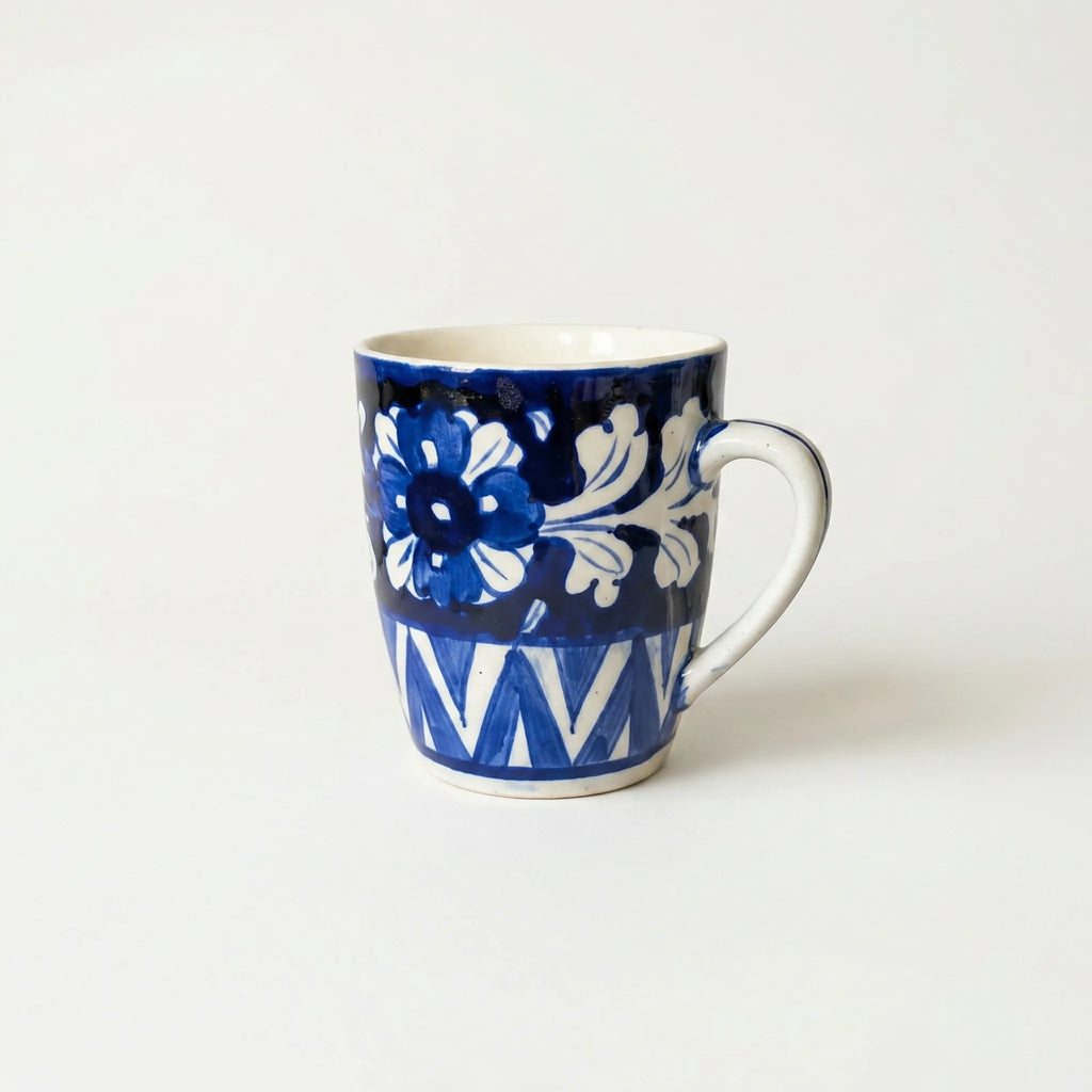 Blue Pottery Mug – 300ml Hand-Painted Ceramic Tea & Coffee Mug | Floral & Geometric Design