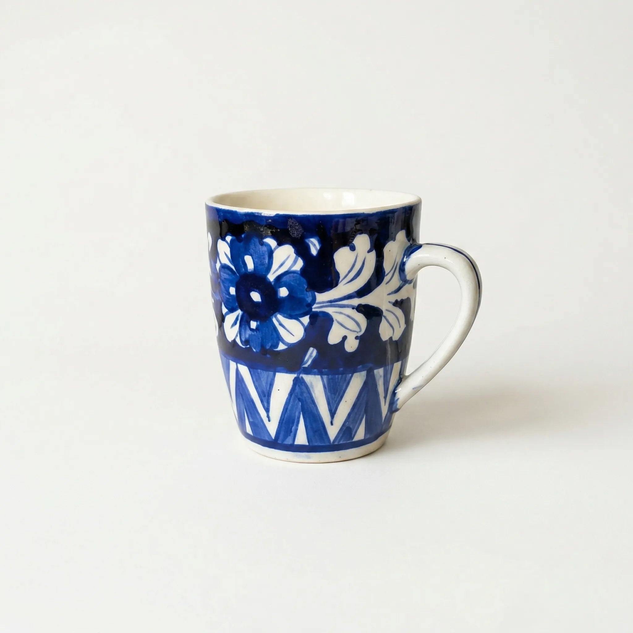 Blue Pottery Mug – 300ml Hand-Painted Ceramic Tea & Coffee Mug | Floral & Geometric Design