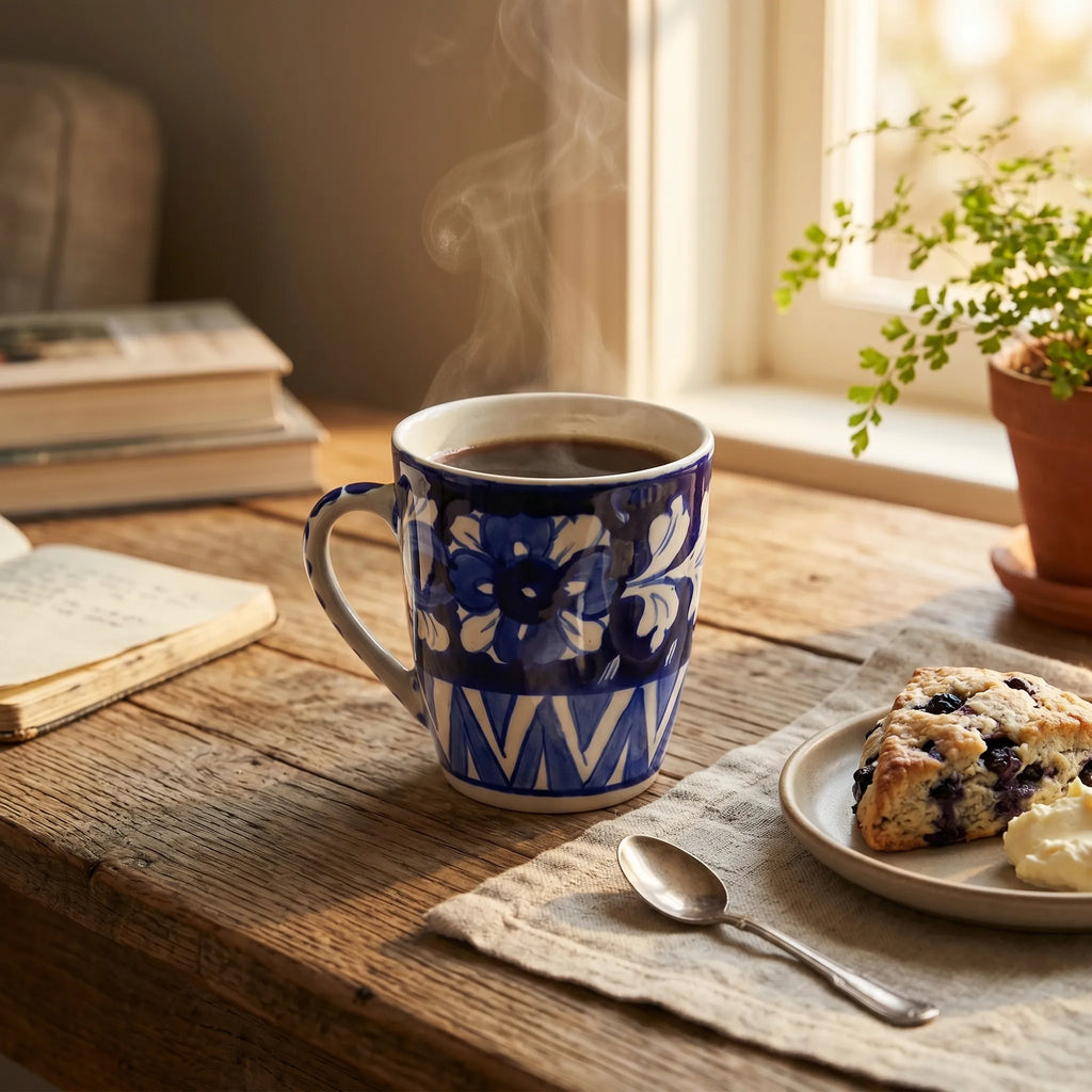 Blue Pottery Mug – 300ml Hand-Painted Ceramic Tea & Coffee Mug | Floral & Geometric Design