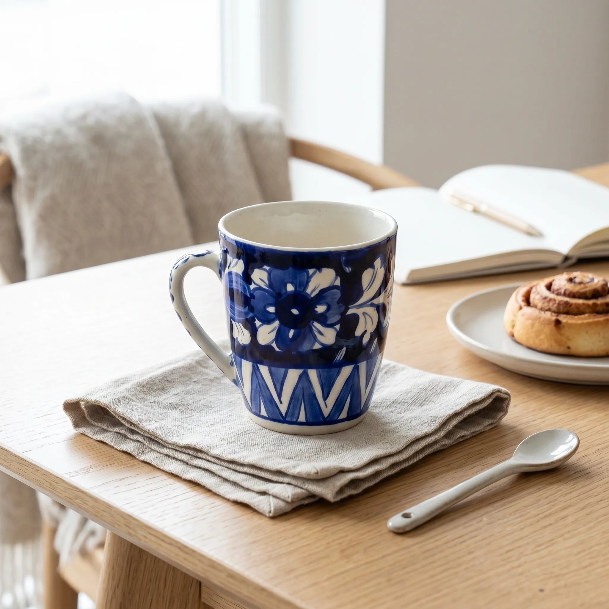 Blue Pottery Mug – 300ml Hand-Painted Ceramic Tea & Coffee Mug | Floral & Geometric Design