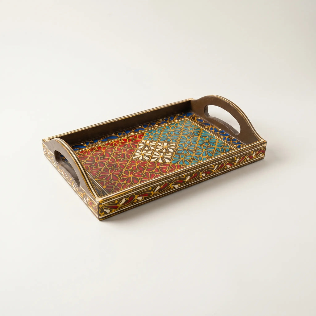 Swati Wooden Serving Tray Brown with Red & Teal- 8x12 Inch
