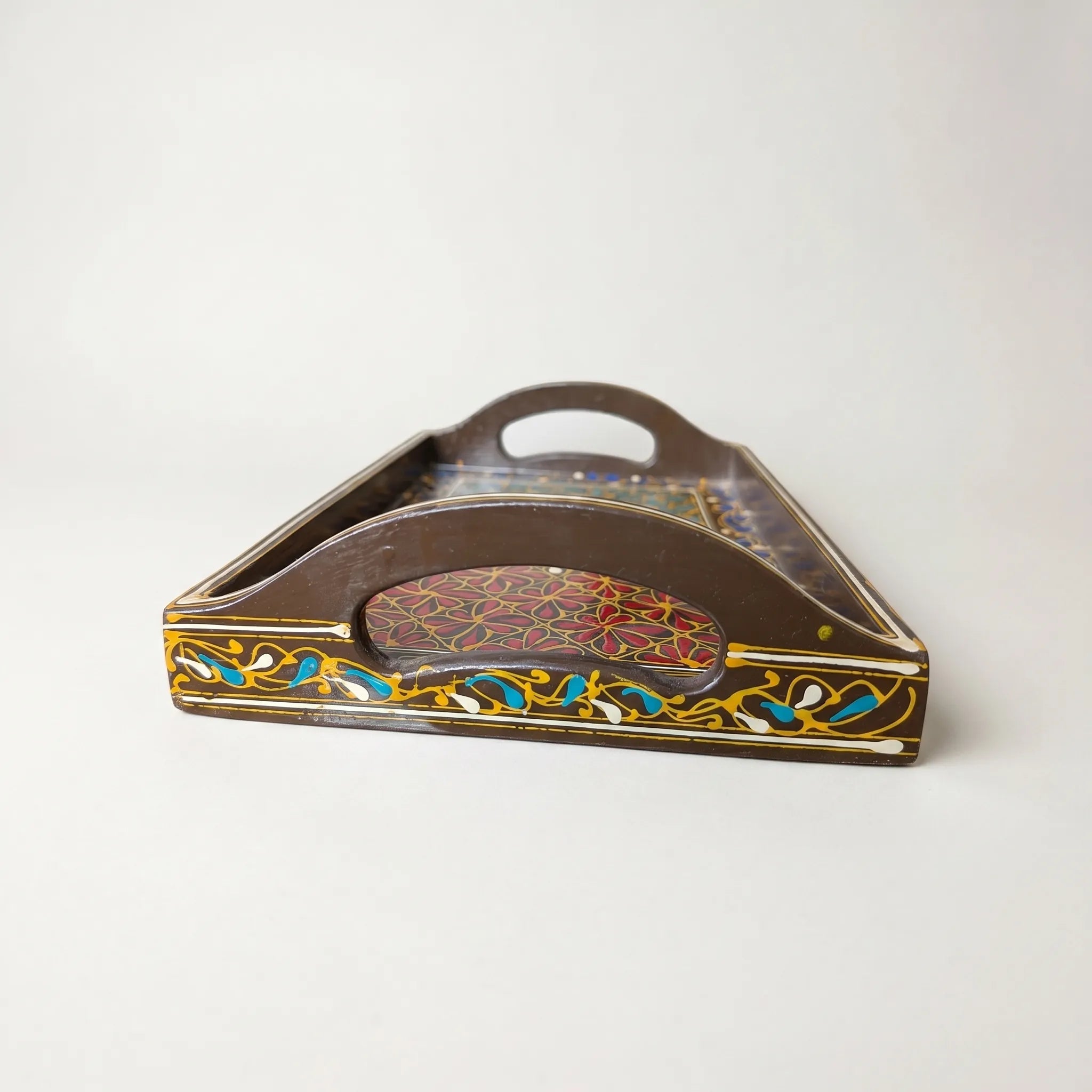 Swati Wooden Serving Tray Brown with Red & Teal- 8x12 Inch