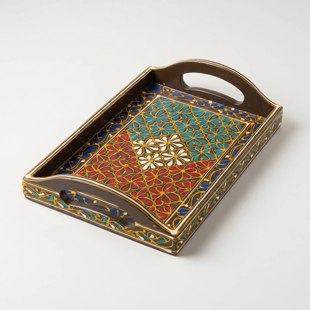 Swati Wooden Serving Tray Brown with Red & Teal- 8x12 Inch