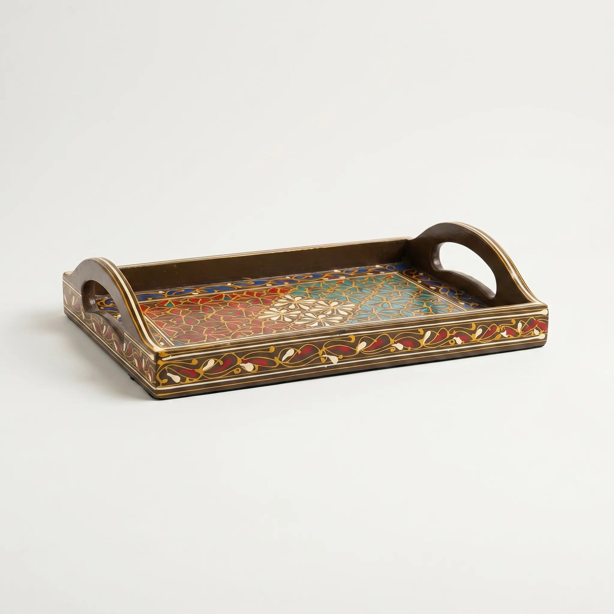 Swati Wooden Serving Tray Brown with Red & Teal- 8x12 Inch