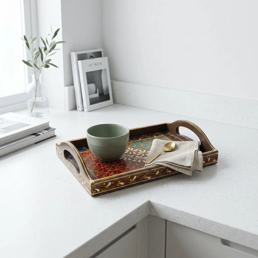 Swati Wooden Serving Tray Brown with Red & Teal- 8x12 Inch