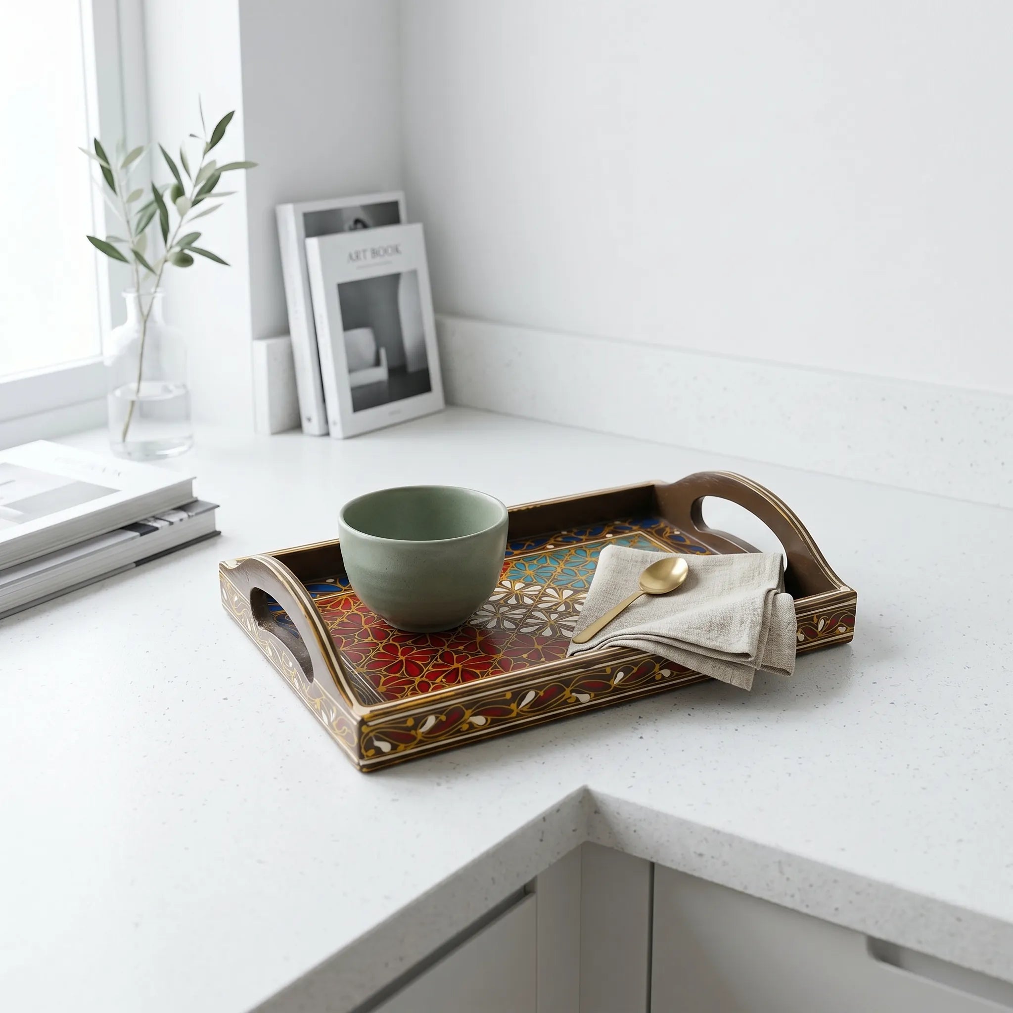 Swati Wooden Serving Tray Brown with Red & Teal- 8x12 Inch