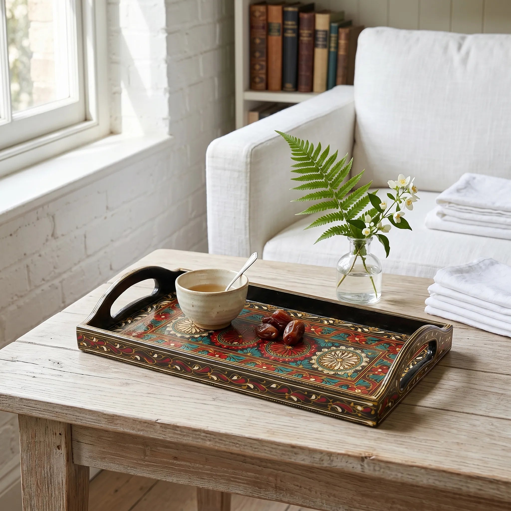 Hand-Painted Swati Wooden Tray – 8x16” Decorative Serving Tray