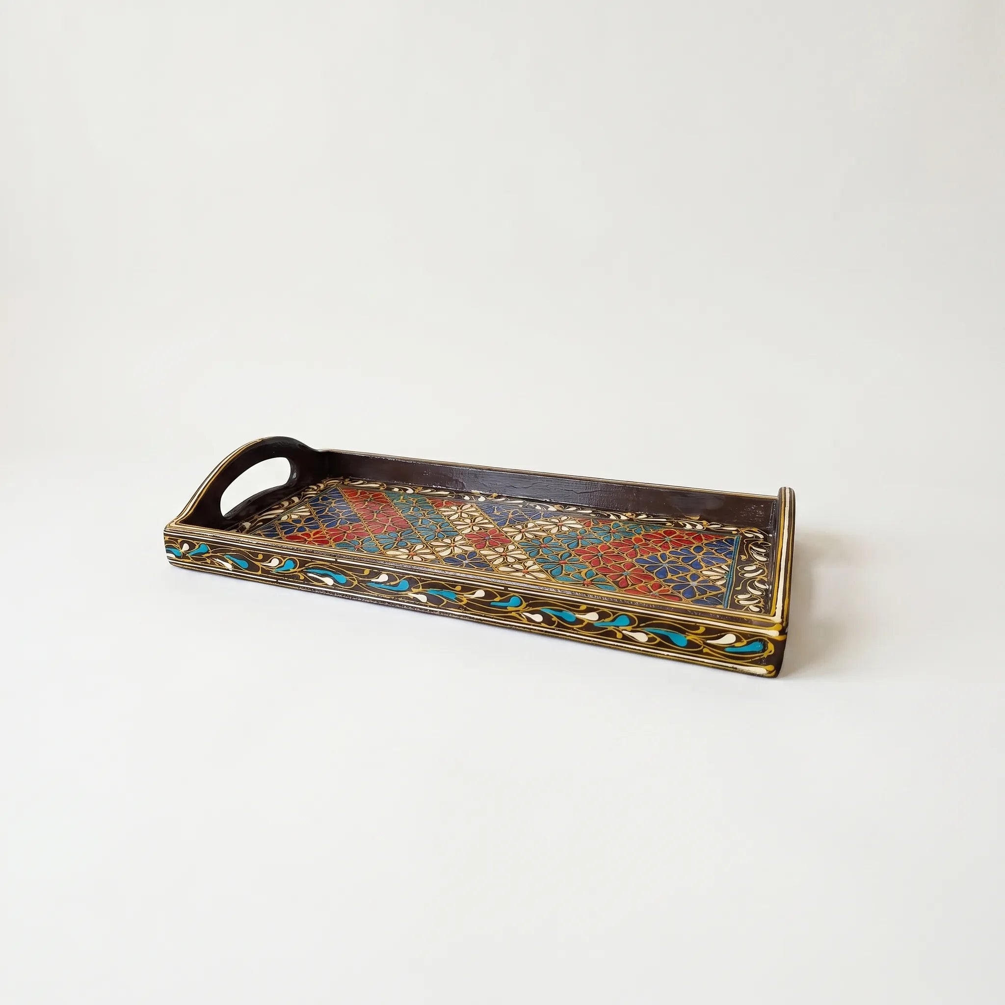 Hand-Painted Swati Floral Tray – 8x16” Wooden Serving Tray