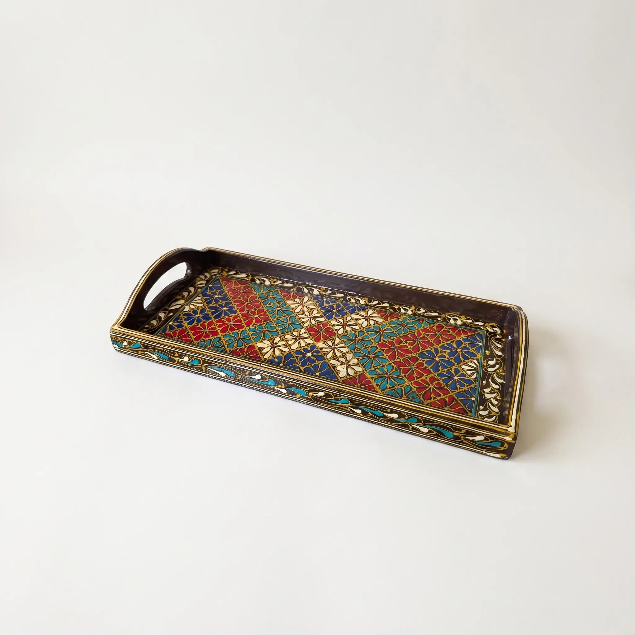 Hand-Painted Swati Floral Tray – 8x16” Wooden Serving Tray