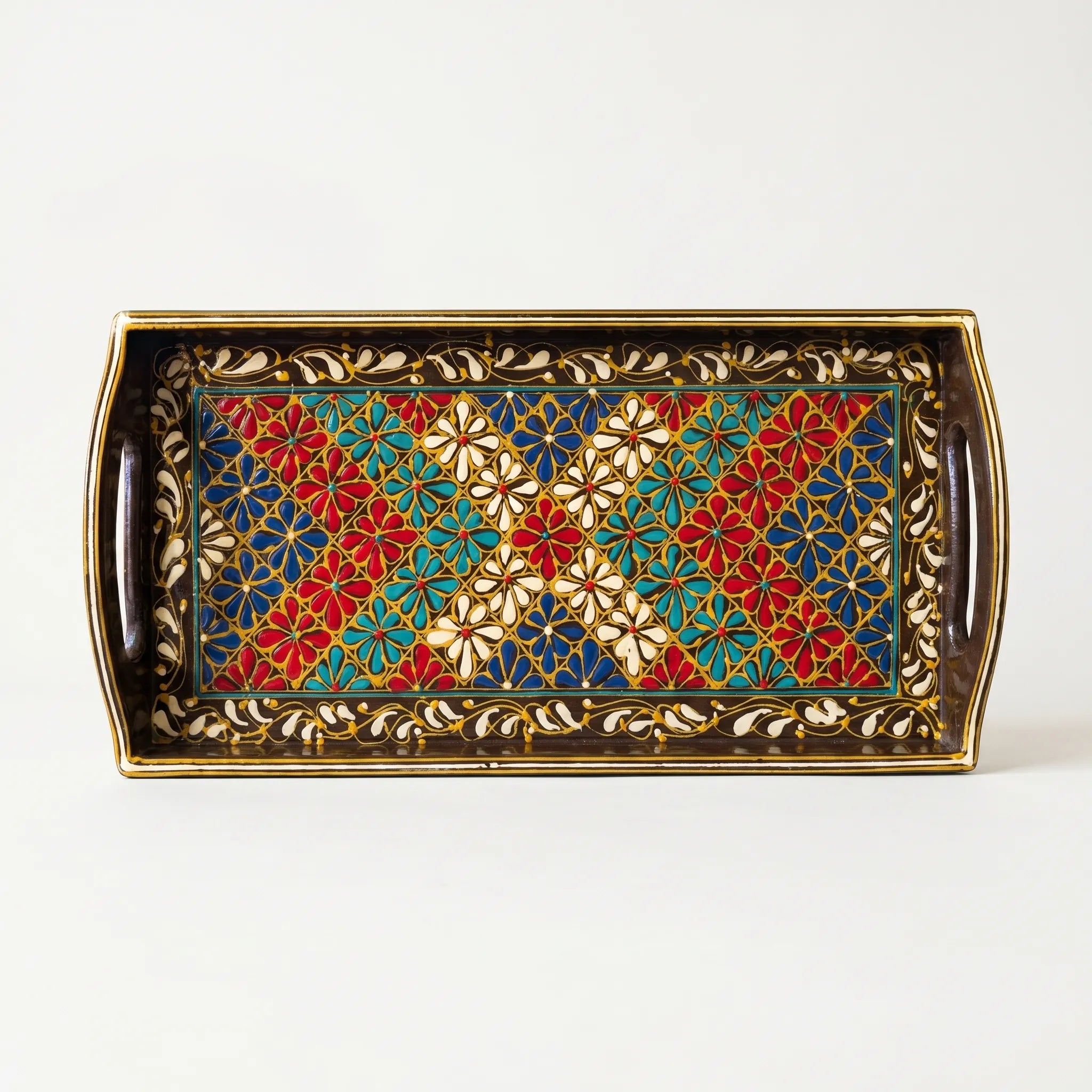 Hand-Painted Swati Floral Tray – 8x16” Wooden Serving Tray