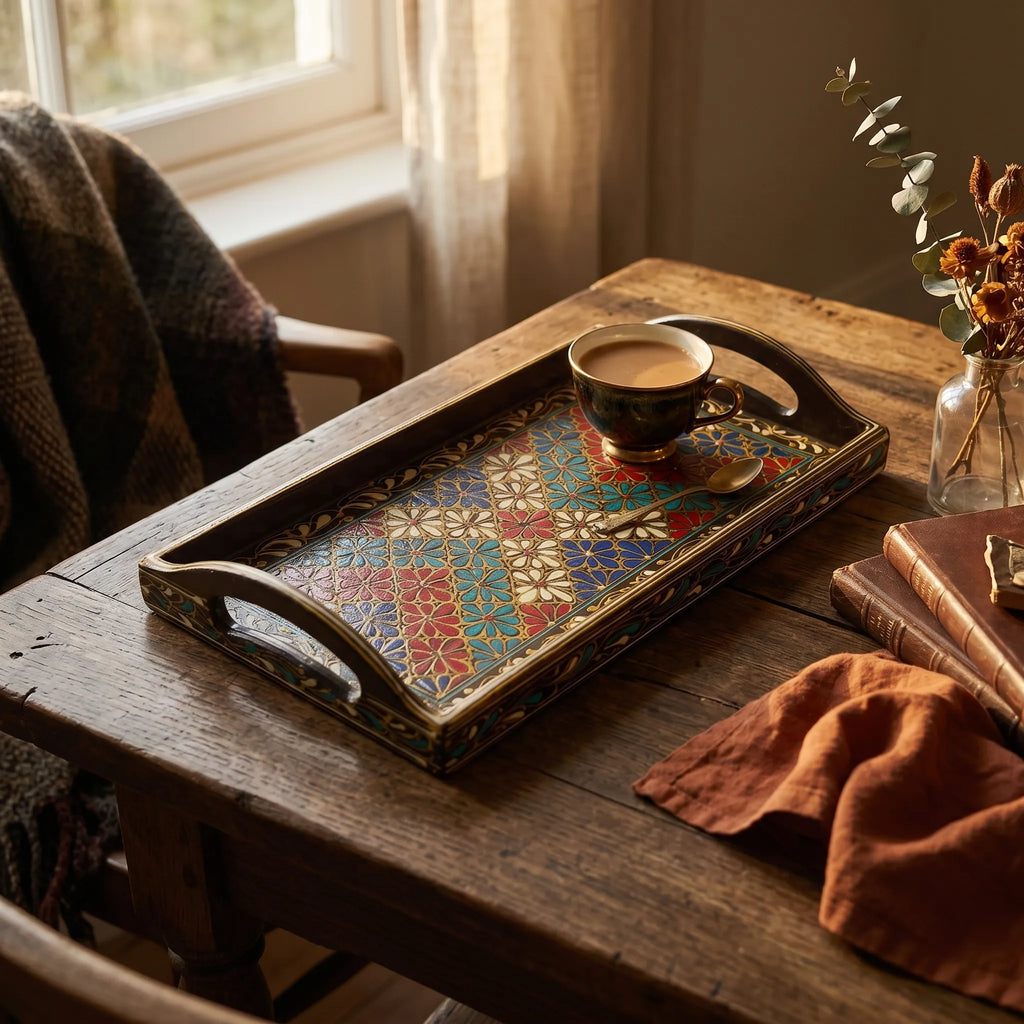 Hand-Painted Swati Floral Tray – 8x16” Wooden Serving Tray