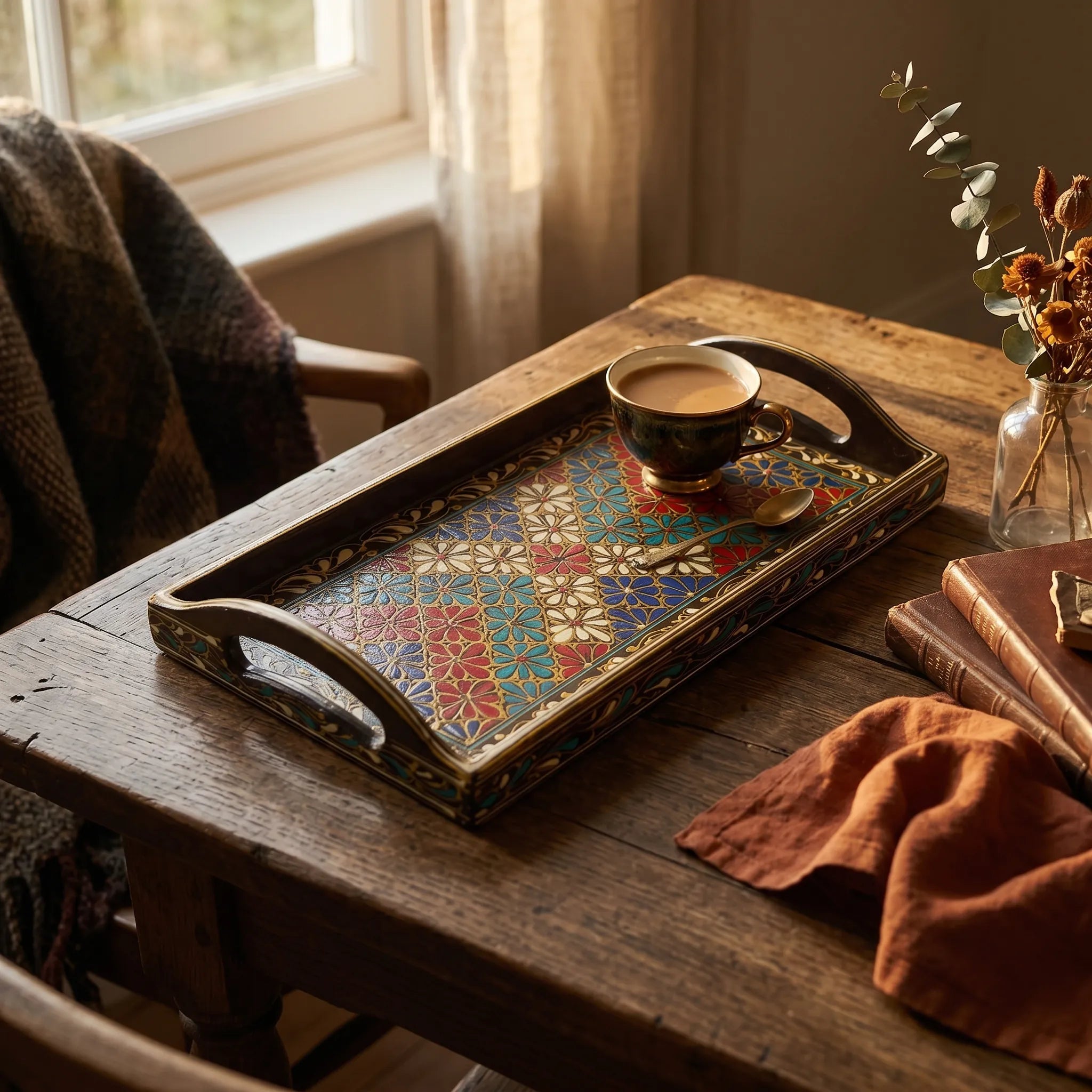 Hand-Painted Swati Floral Tray – 8x16” Wooden Serving Tray