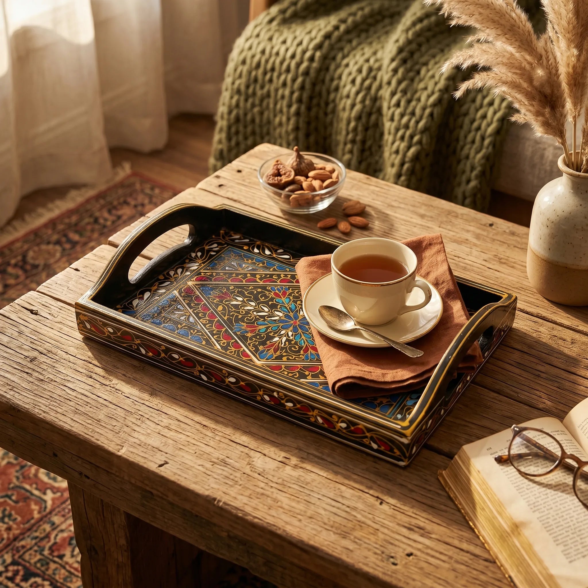 Hand-Painted Swati Diamond Tray – 8x12” Wooden Serving Tray