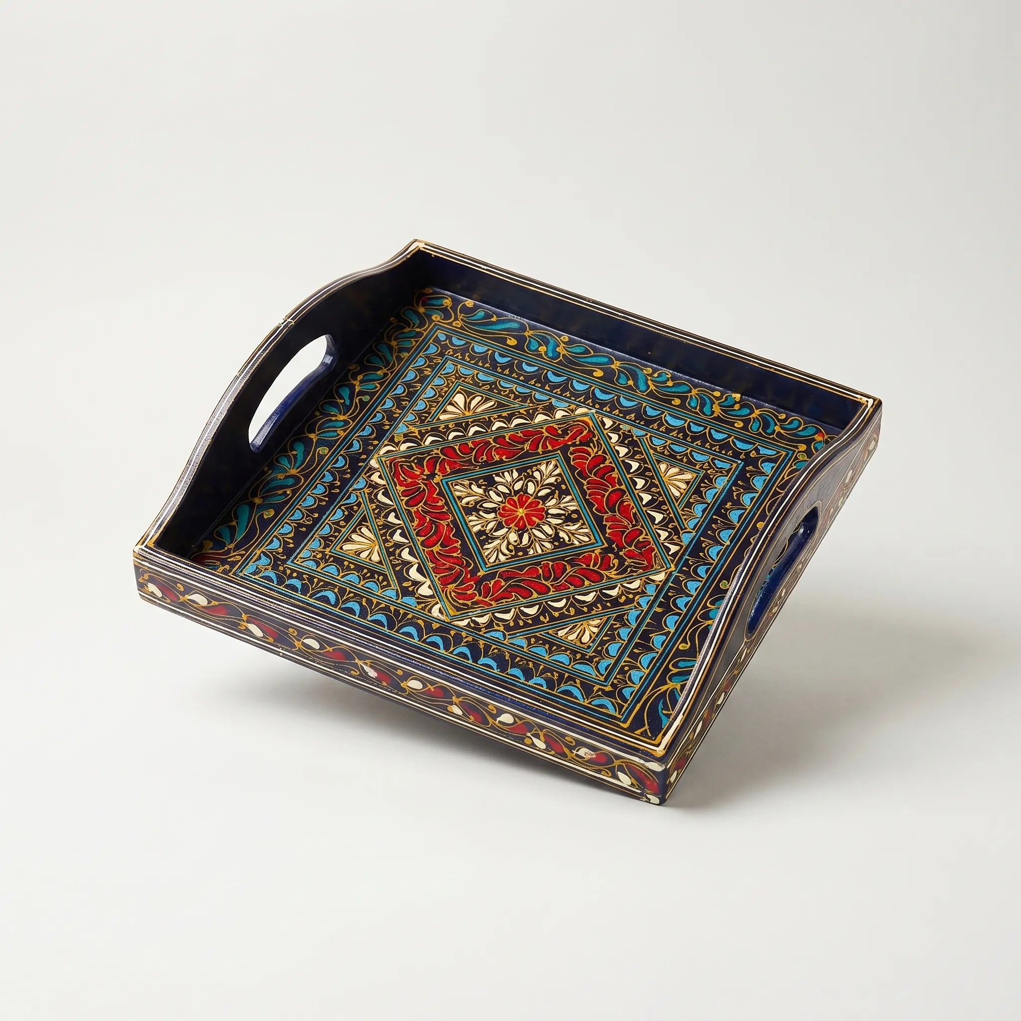 Black Swati Wooden Tray – 12x12” Oil-Painted Square Serving Tray