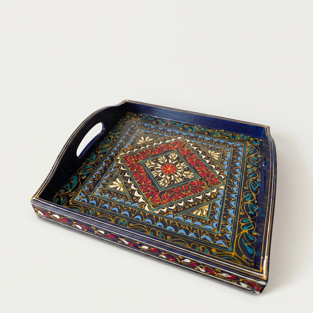 Black Swati Wooden Tray – 12x12” Oil-Painted Square Serving Tray