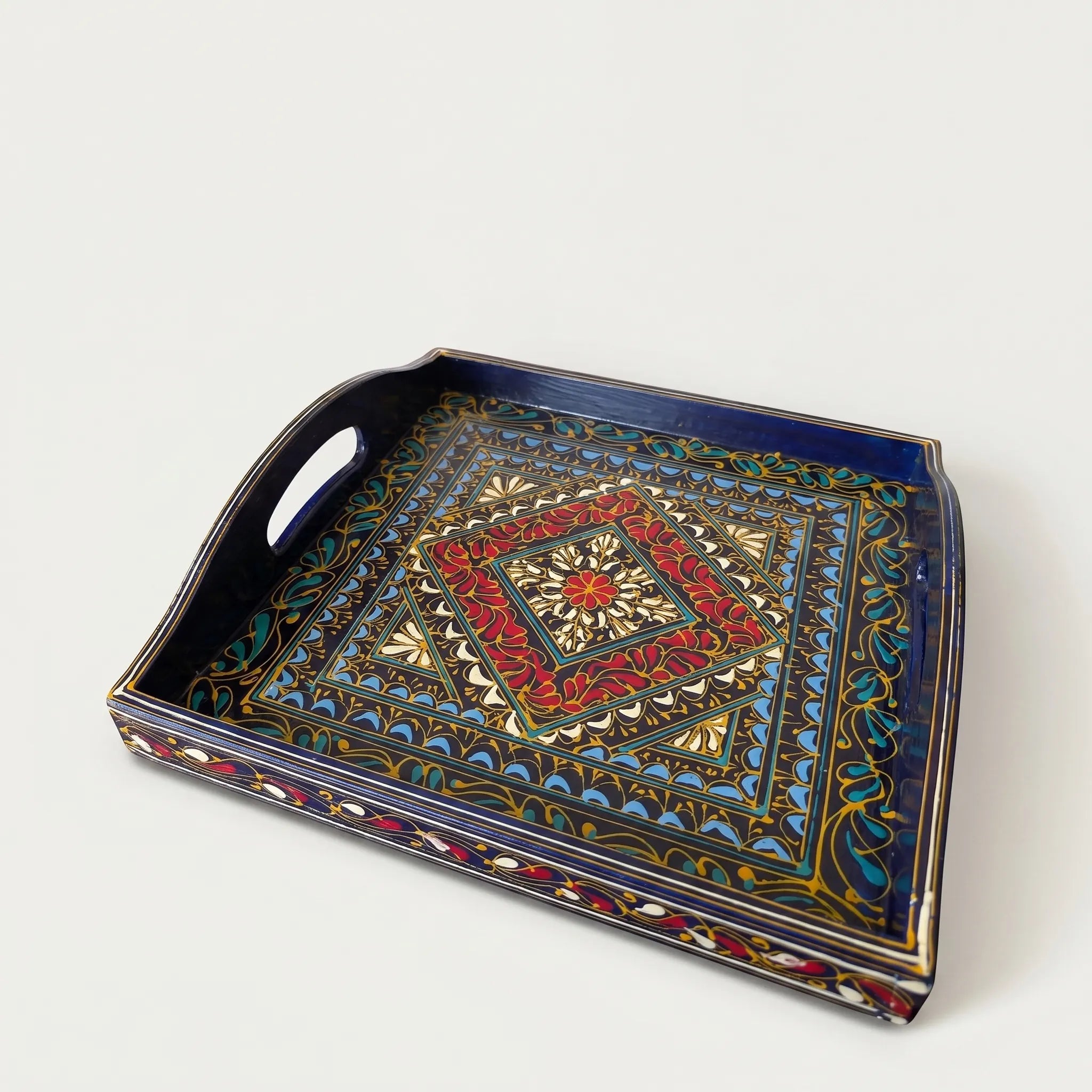 Black Swati Wooden Tray – 12x12” Oil-Painted Square Serving Tray