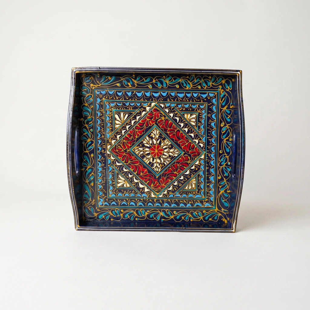 Black Swati Wooden Tray – 12x12” Oil-Painted Square Serving Tray