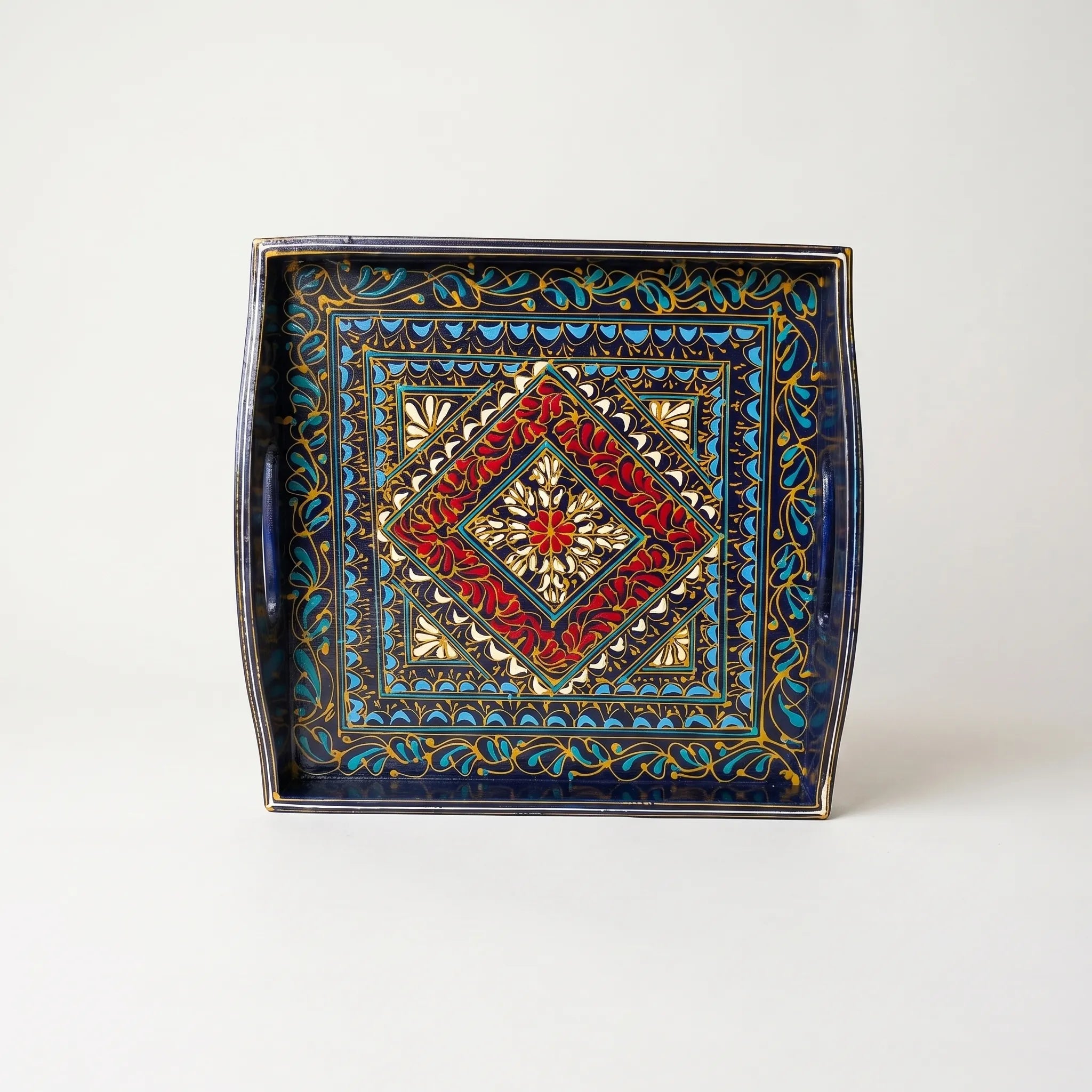 Black Swati Wooden Tray – 12x12” Oil-Painted Square Serving Tray