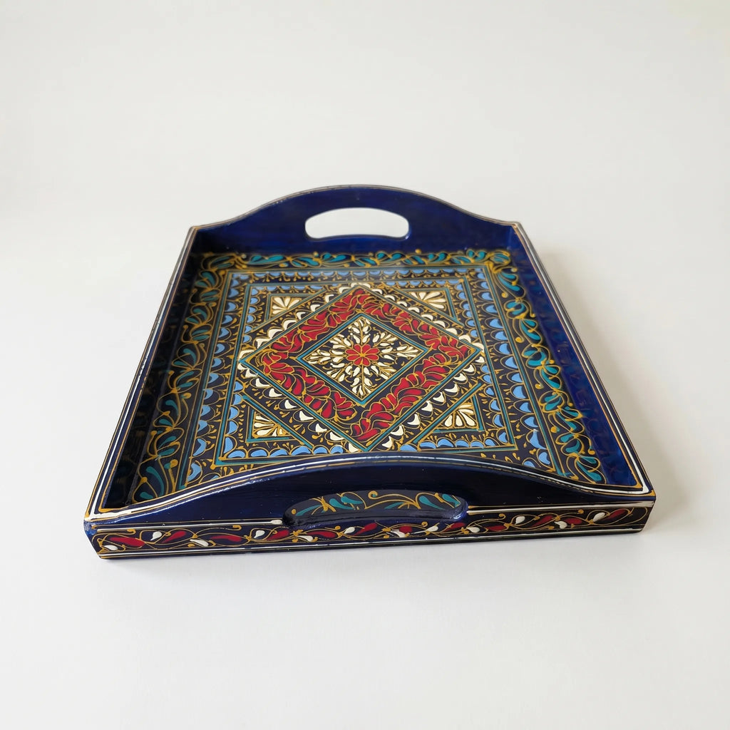Black Swati Wooden Tray – 12x12” Oil-Painted Square Serving Tray