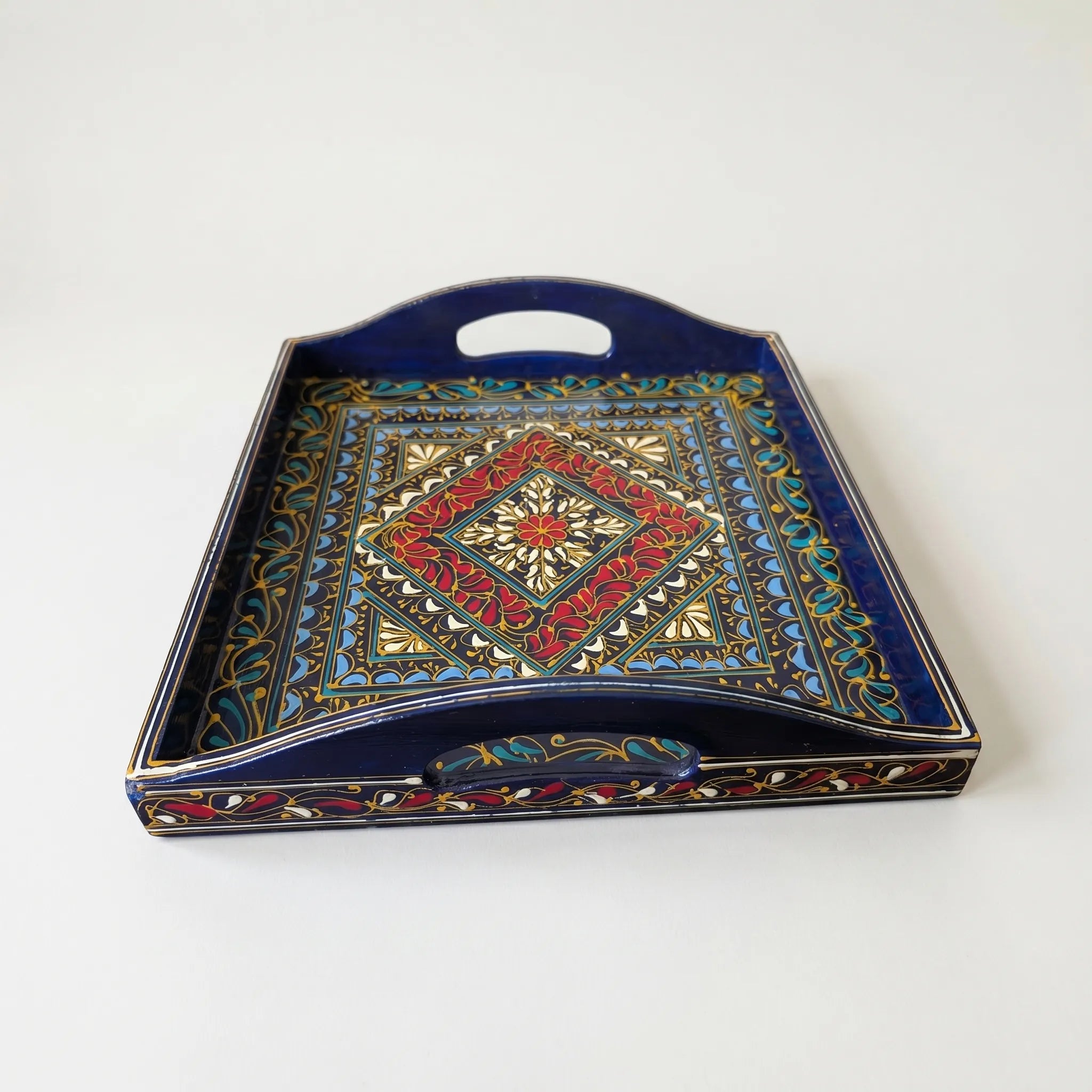 Black Swati Wooden Tray – 12x12” Oil-Painted Square Serving Tray