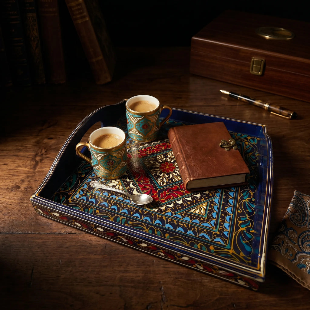 Black Swati Wooden Tray – 12x12” Oil-Painted Square Serving Tray