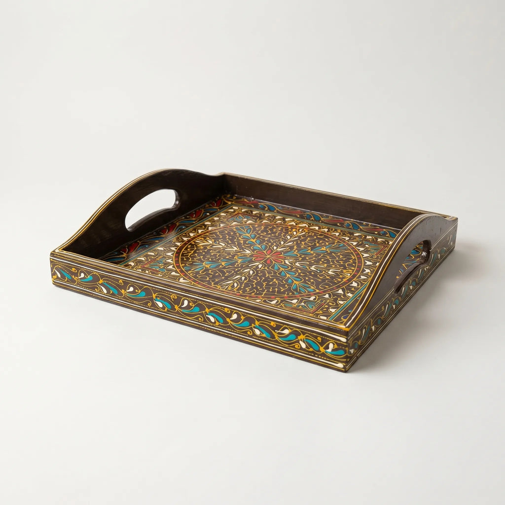 Oil-Painted Swati Square Tray – 12x12” Wooden Serving Tray