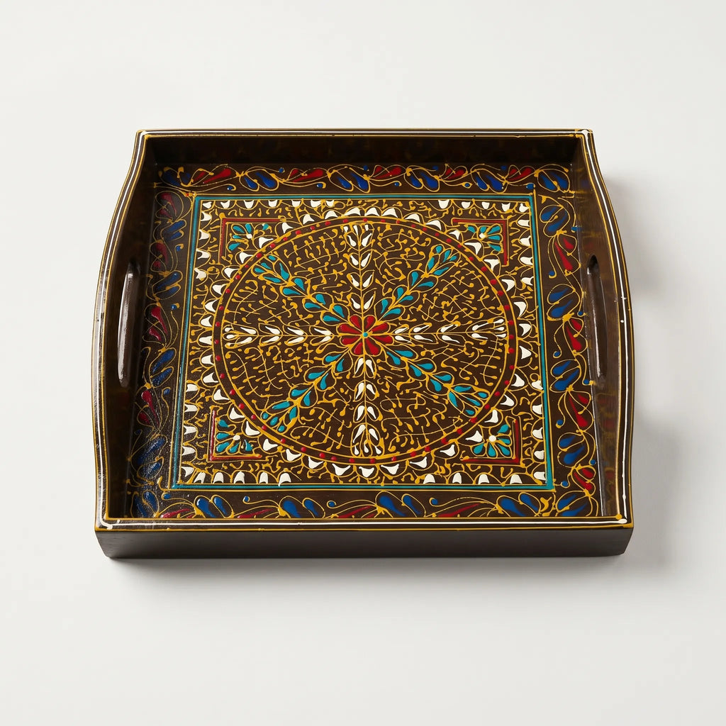Oil-Painted Swati Square Tray – 12x12” Wooden Serving Tray