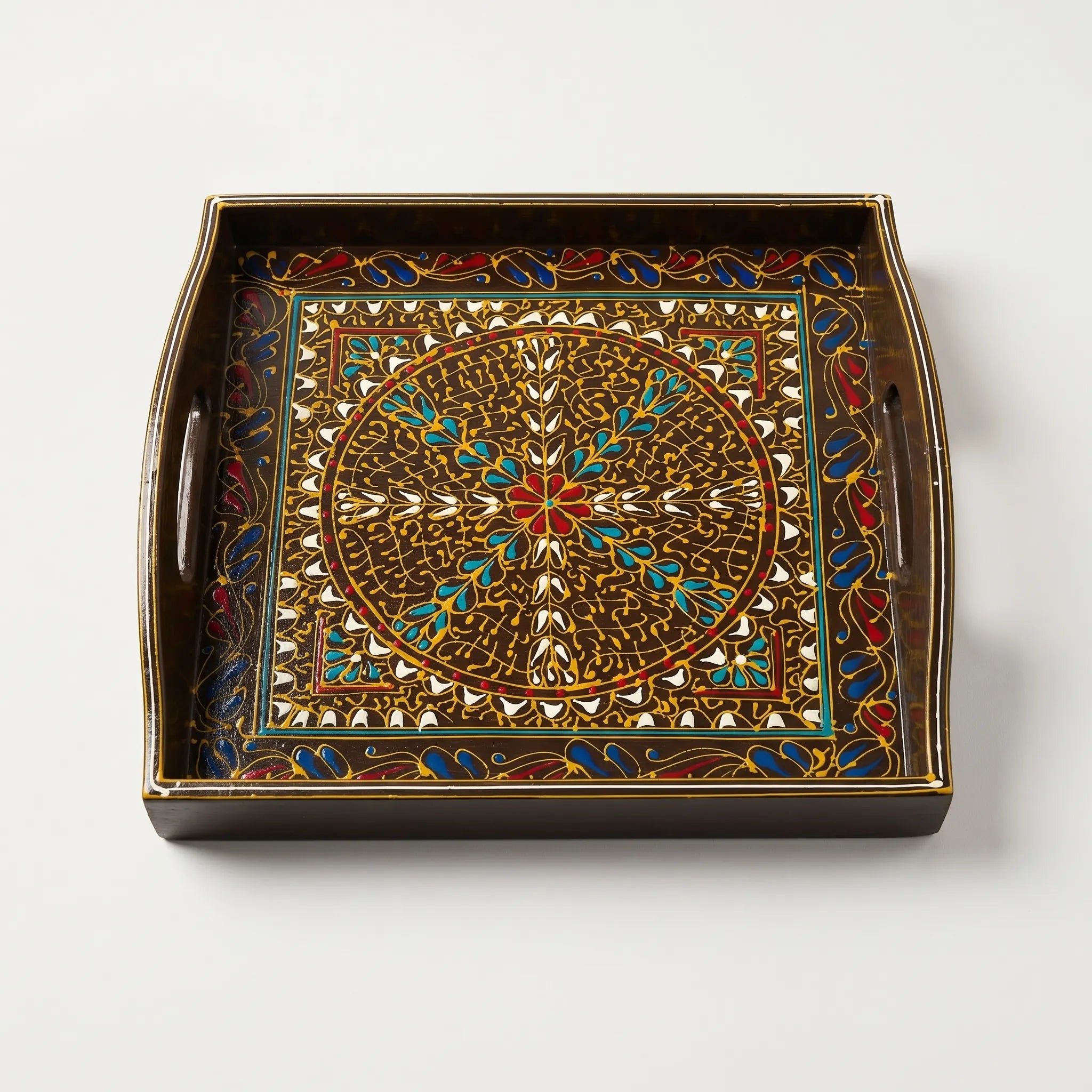 Oil-Painted Swati Square Tray – 12x12” Wooden Serving Tray