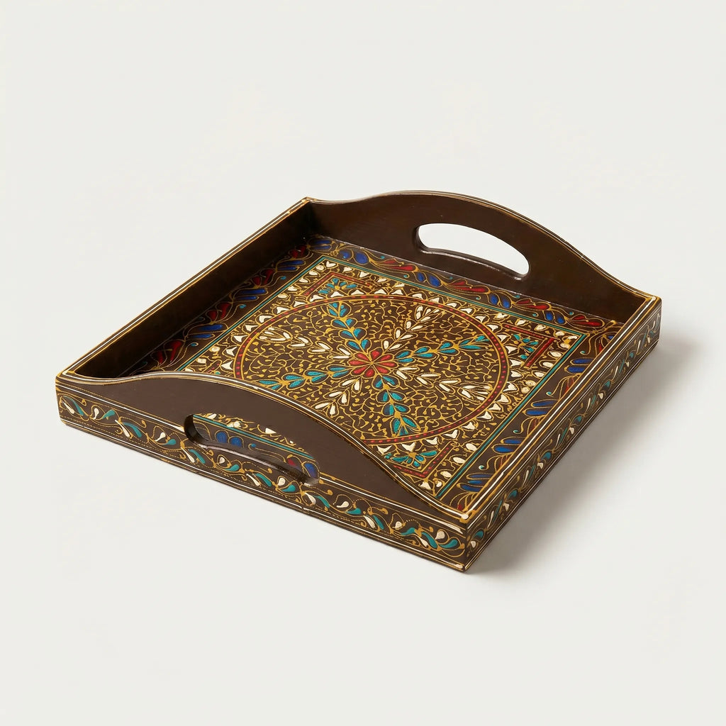 Oil-Painted Swati Square Tray – 12x12” Wooden Serving Tray
