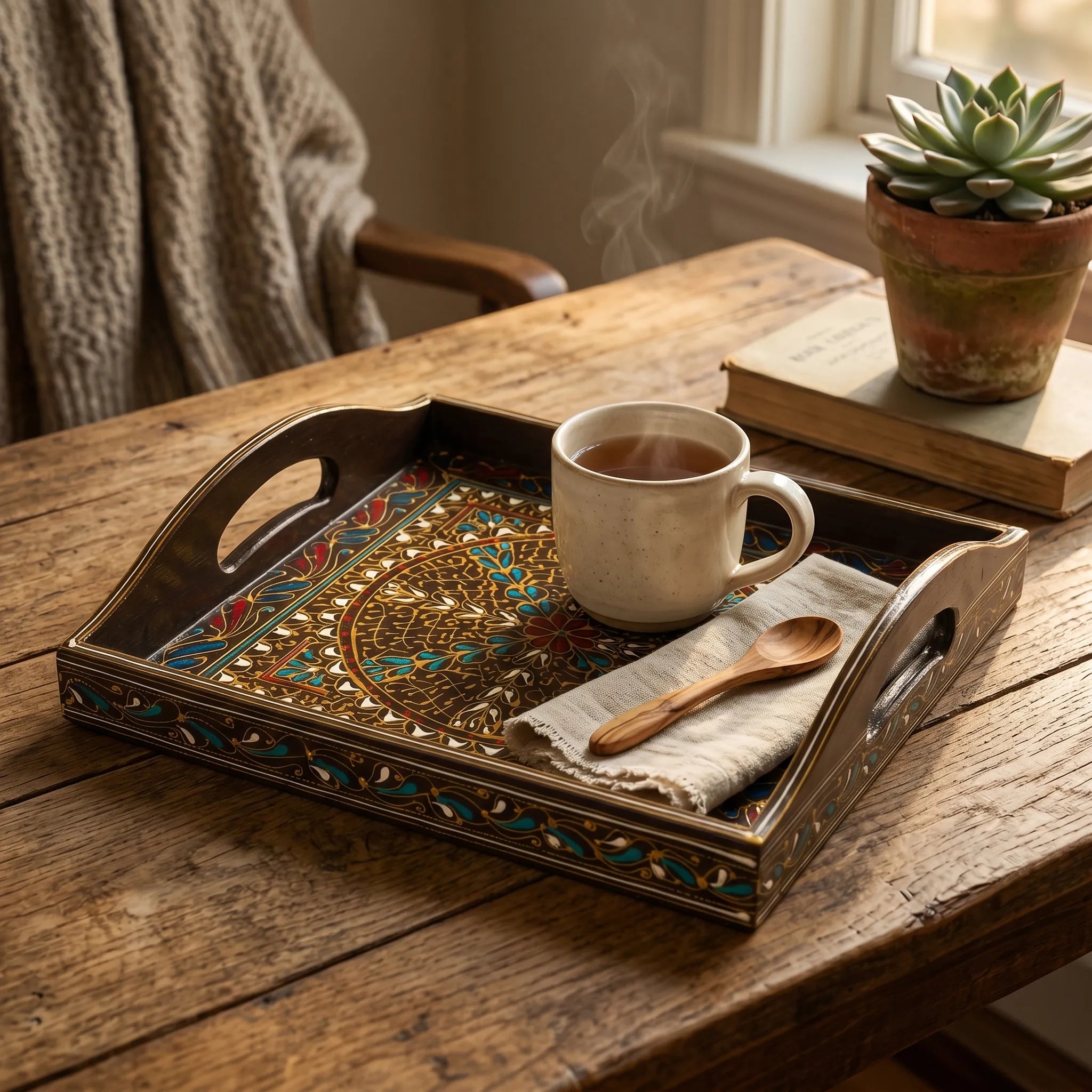 Oil-Painted Swati Square Tray – 12x12” Wooden Serving Tray