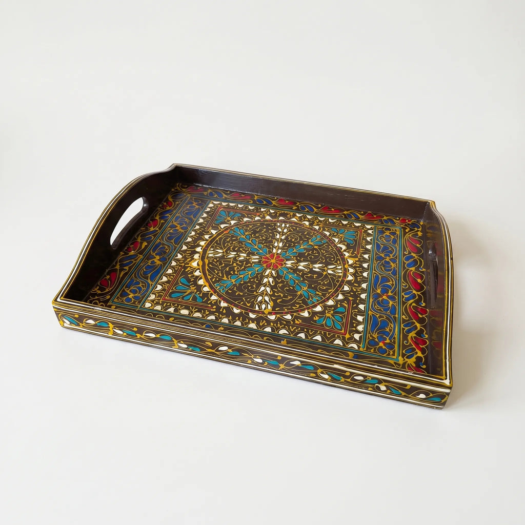 Oil-Painted Swati Wooden Tray – 12x15” Circular Motif Serving Tray
