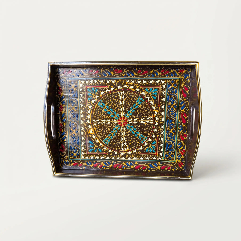 Oil-Painted Swati Wooden Tray – 12x15” Circular Motif Serving Tray