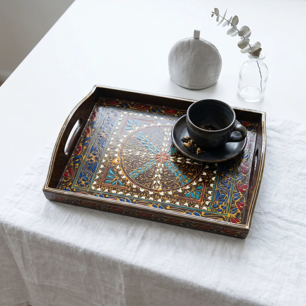 Oil-Painted Swati Wooden Tray – 12x15” Circular Motif Serving Tray
