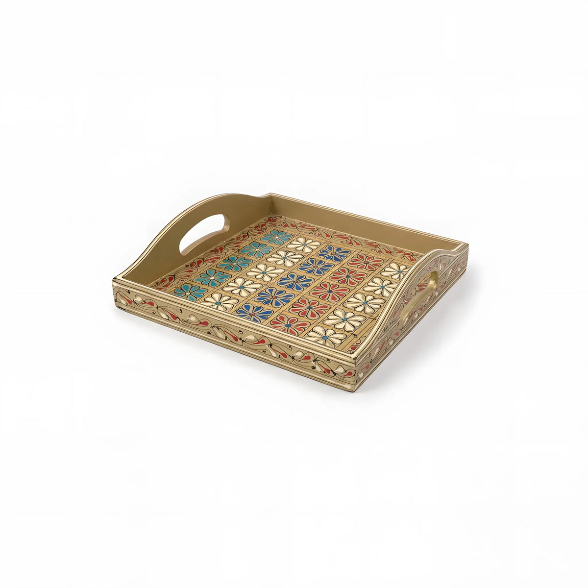 Gold Swati hand-painted wooden serving tray 12x12 inch, floral tile grid - view 2