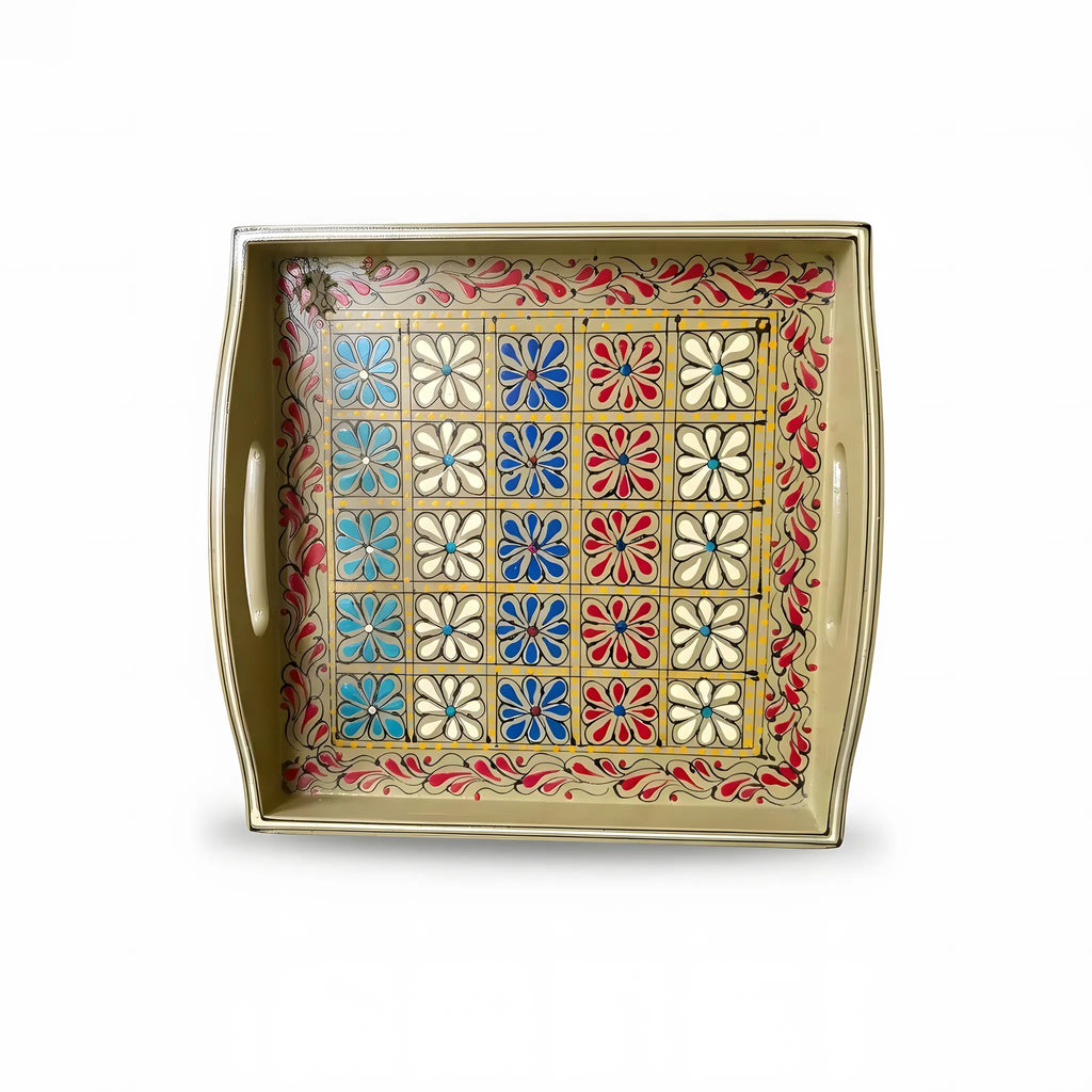 Gold Swati hand-painted wooden serving tray 12x12 inch, floral tile grid - view 4