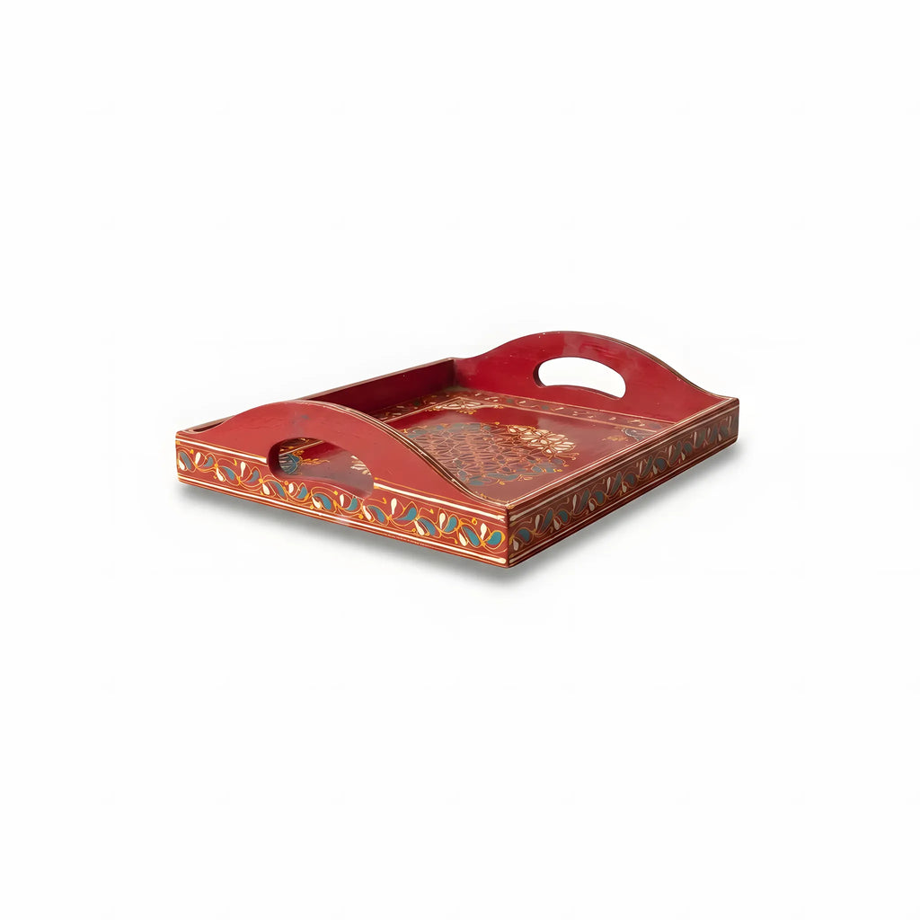 Crimson Swati hand-painted wooden serving tray 12x12 inch, daisy lattice