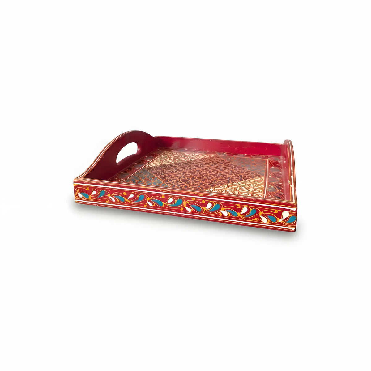 Crimson Swati hand-painted wooden serving tray 12x12 inch, daisy lattice - view 2